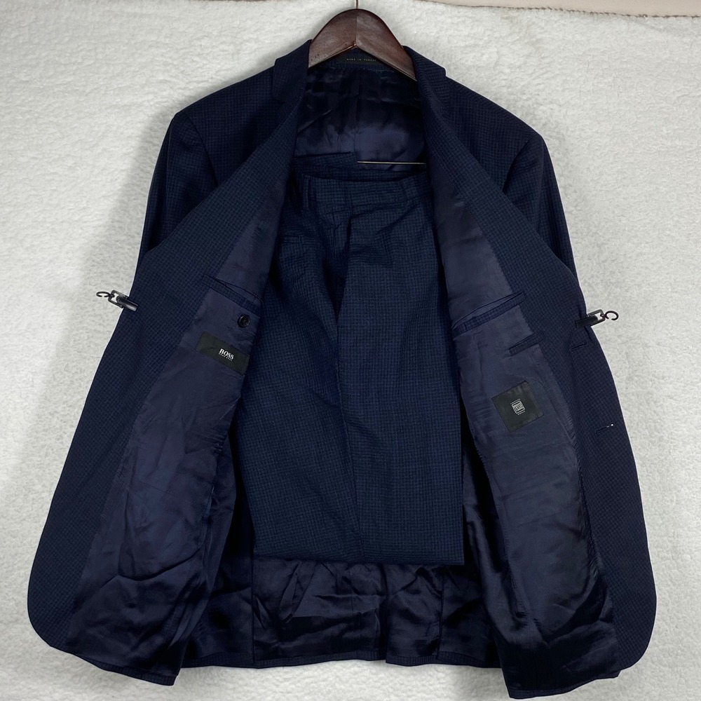Hugo Boss Navy Blue Micro Check Italian Wool 2 Piece Suit Lanificio Tesse Biella